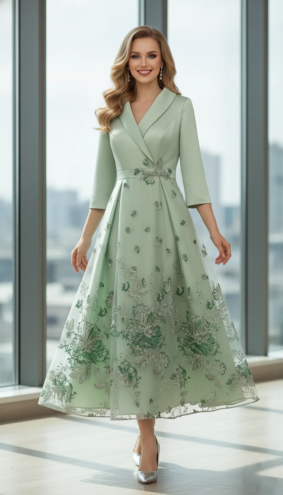 Front-facing model wearing a pale green embroidered dress