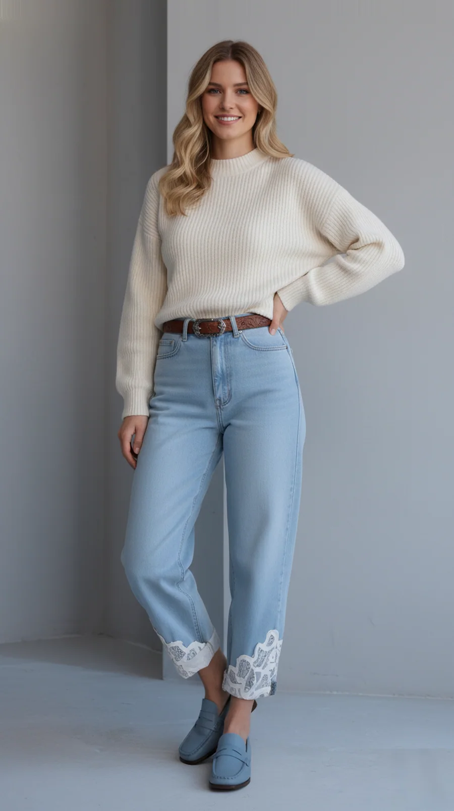 Front-facing model wearing lace-trimmed cropped jeans
