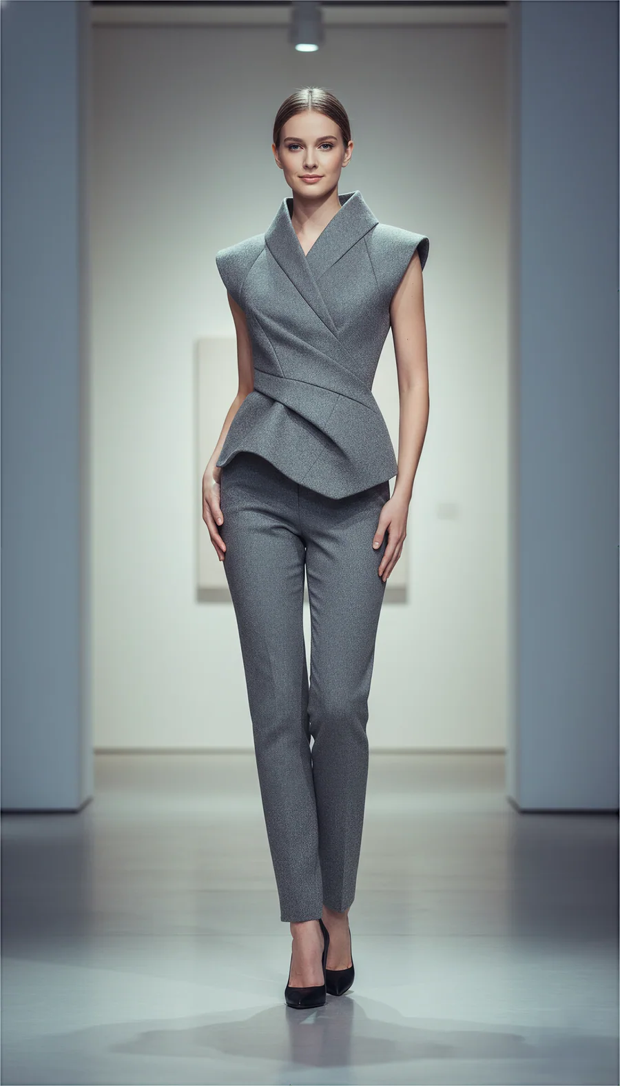 Front-facing model wearing a grey deconstructed tailored suit