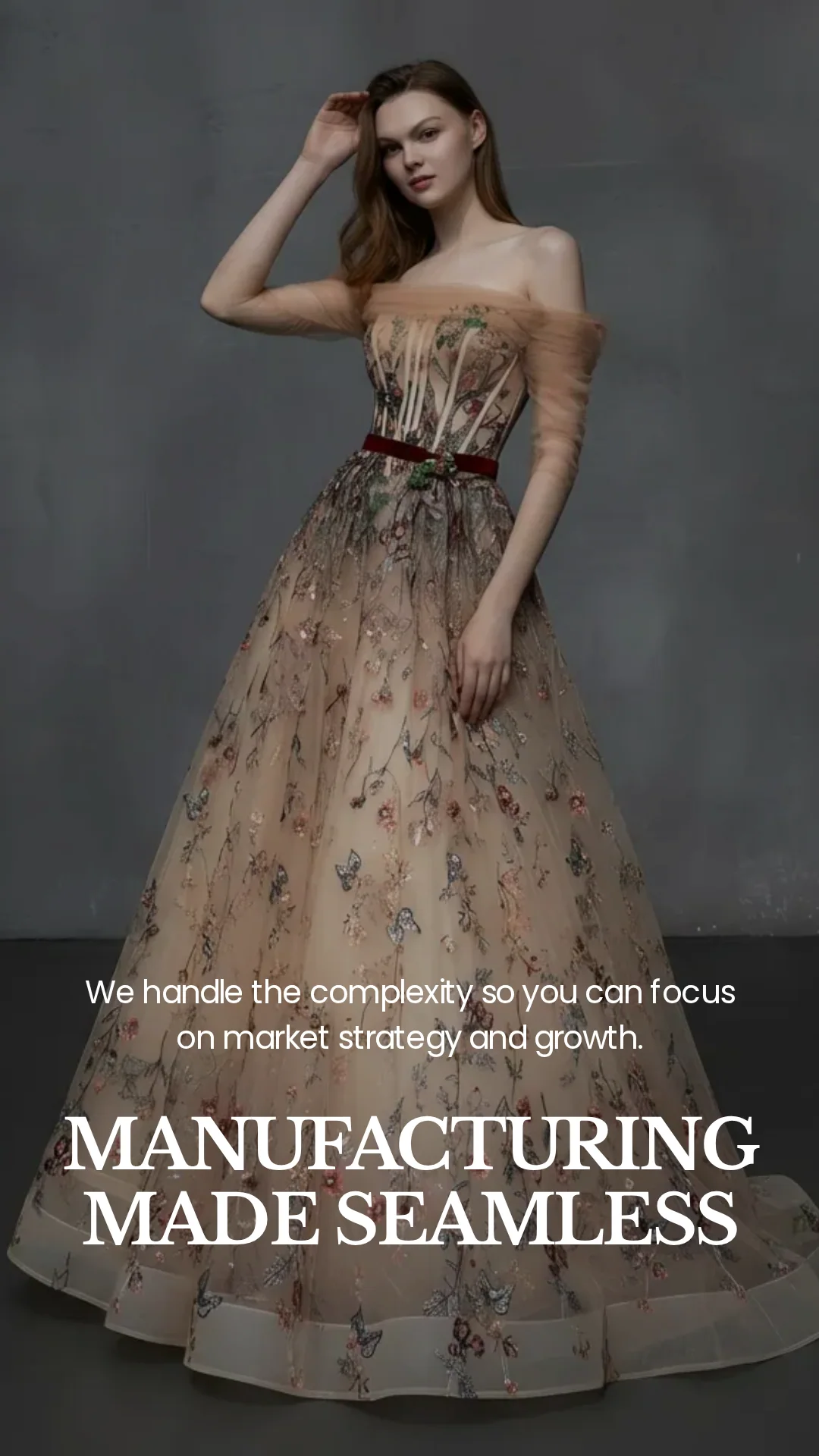 Manufacturing made seamless poster featuring a model in an embellished gown