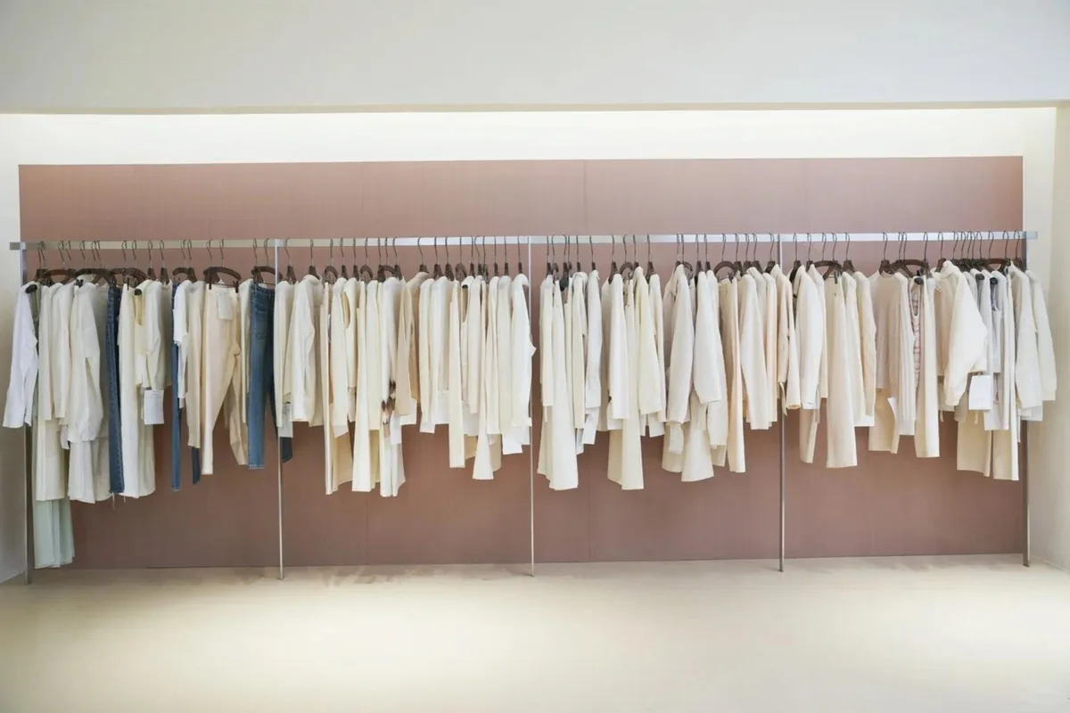 PIPK showroom rail displaying light-coloured womenswear samples